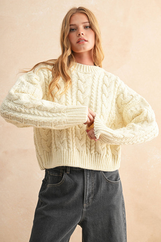 BRAID ON BACK CABLE SWEATER: IVORY