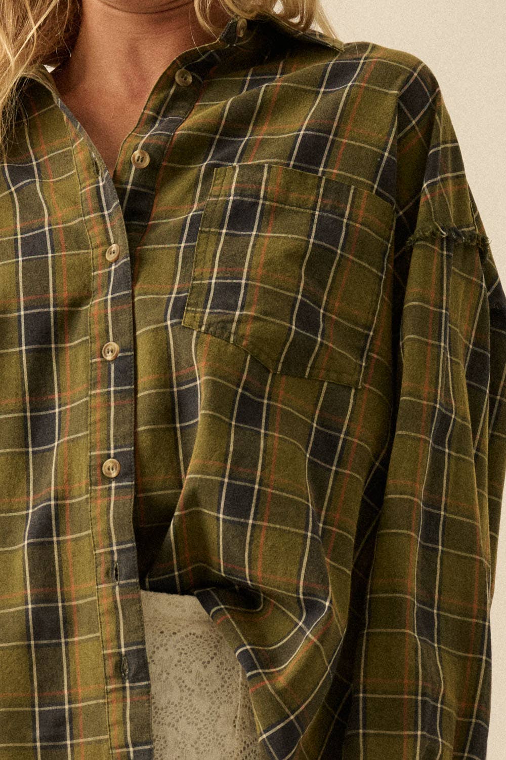 Plaid Oversized Raw-Edge Exposed-Seam Pocket Shirt: Olive
