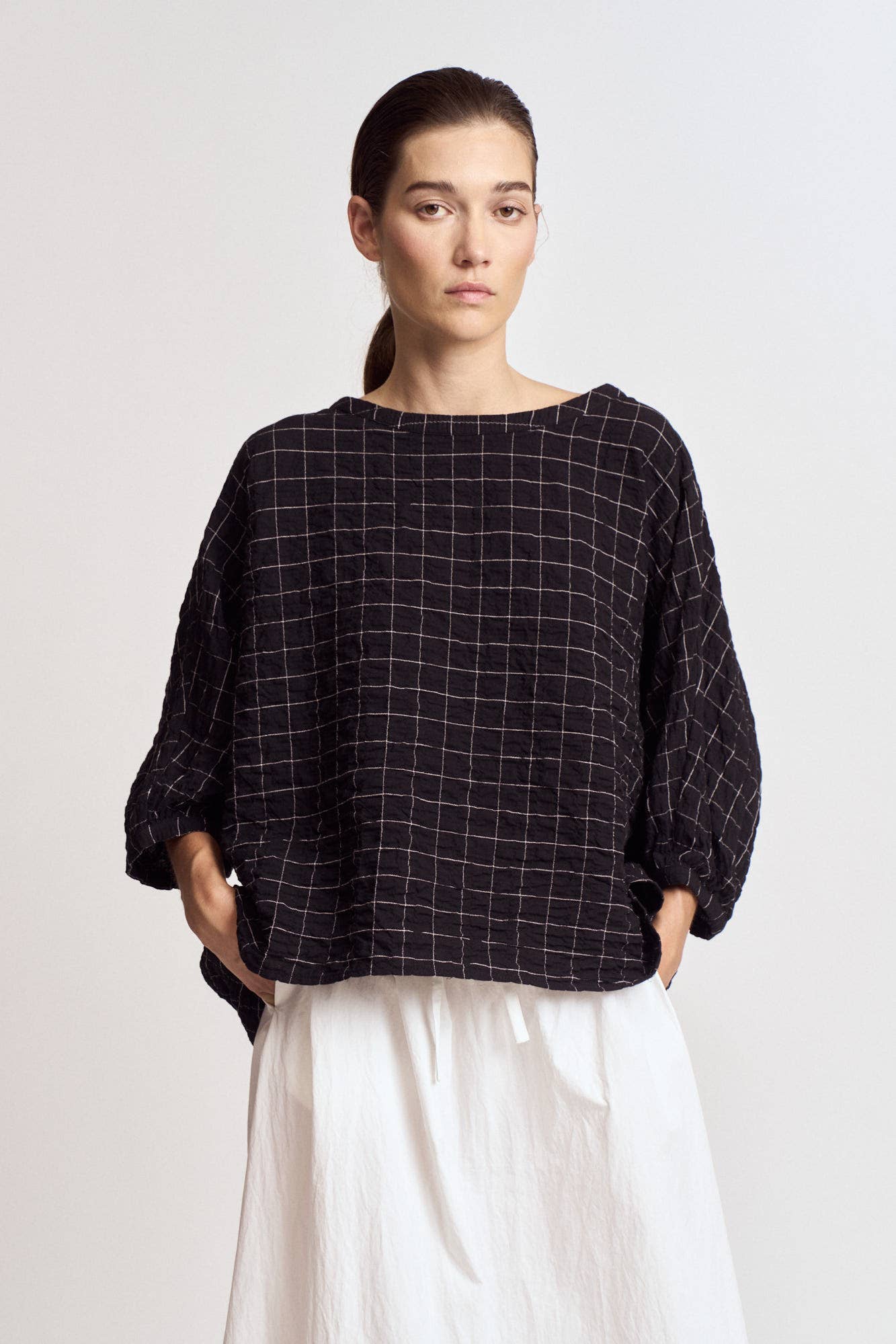 CHECK PRINT GAUZE BLOUSE: Black