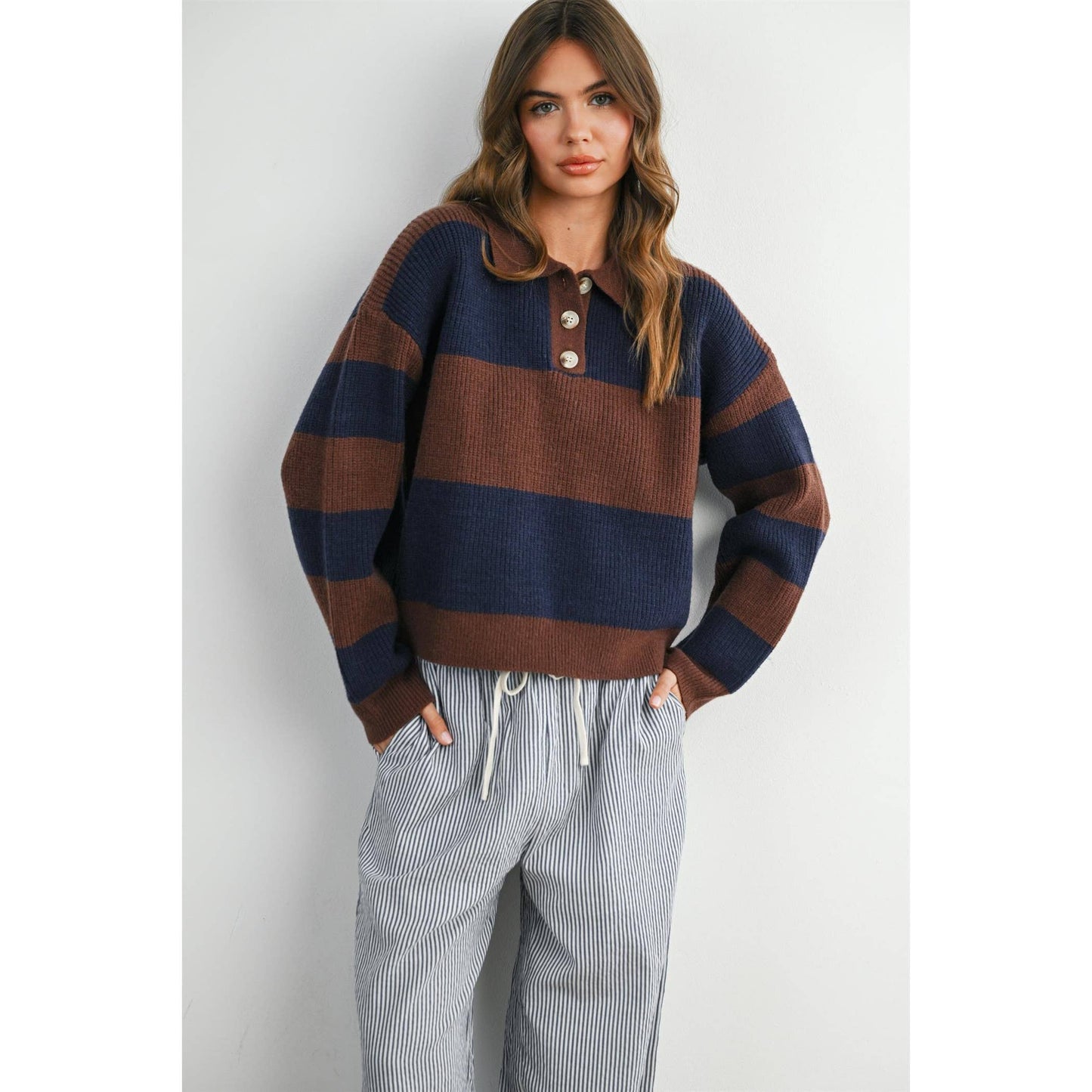 Striped Color Block Collared Sweater: BROWN / OLIVE
