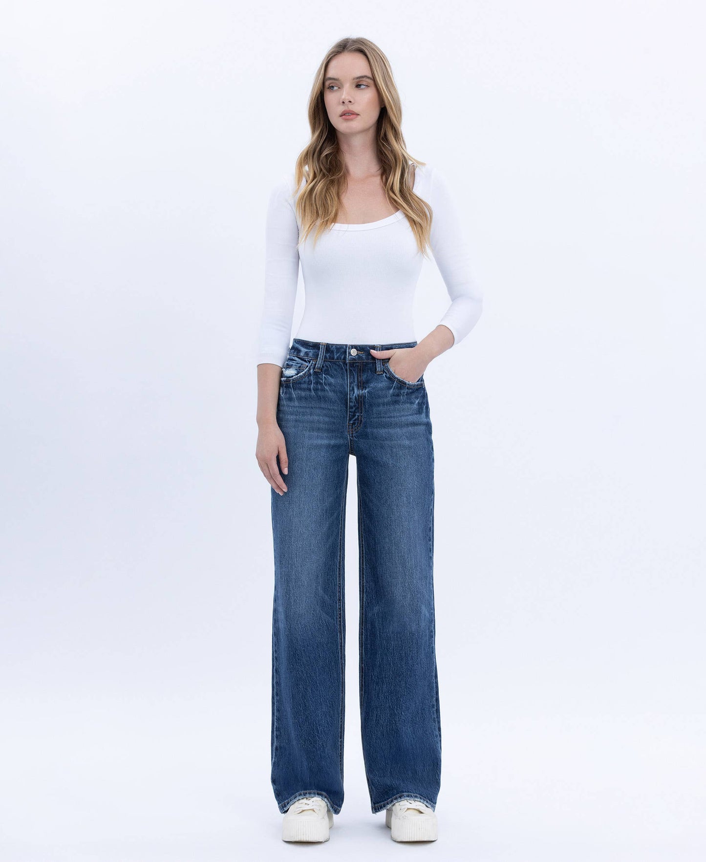 90'S SUPER HIGH RISE DARK WASH WIDE JEANS T6242DK: DARK WASH