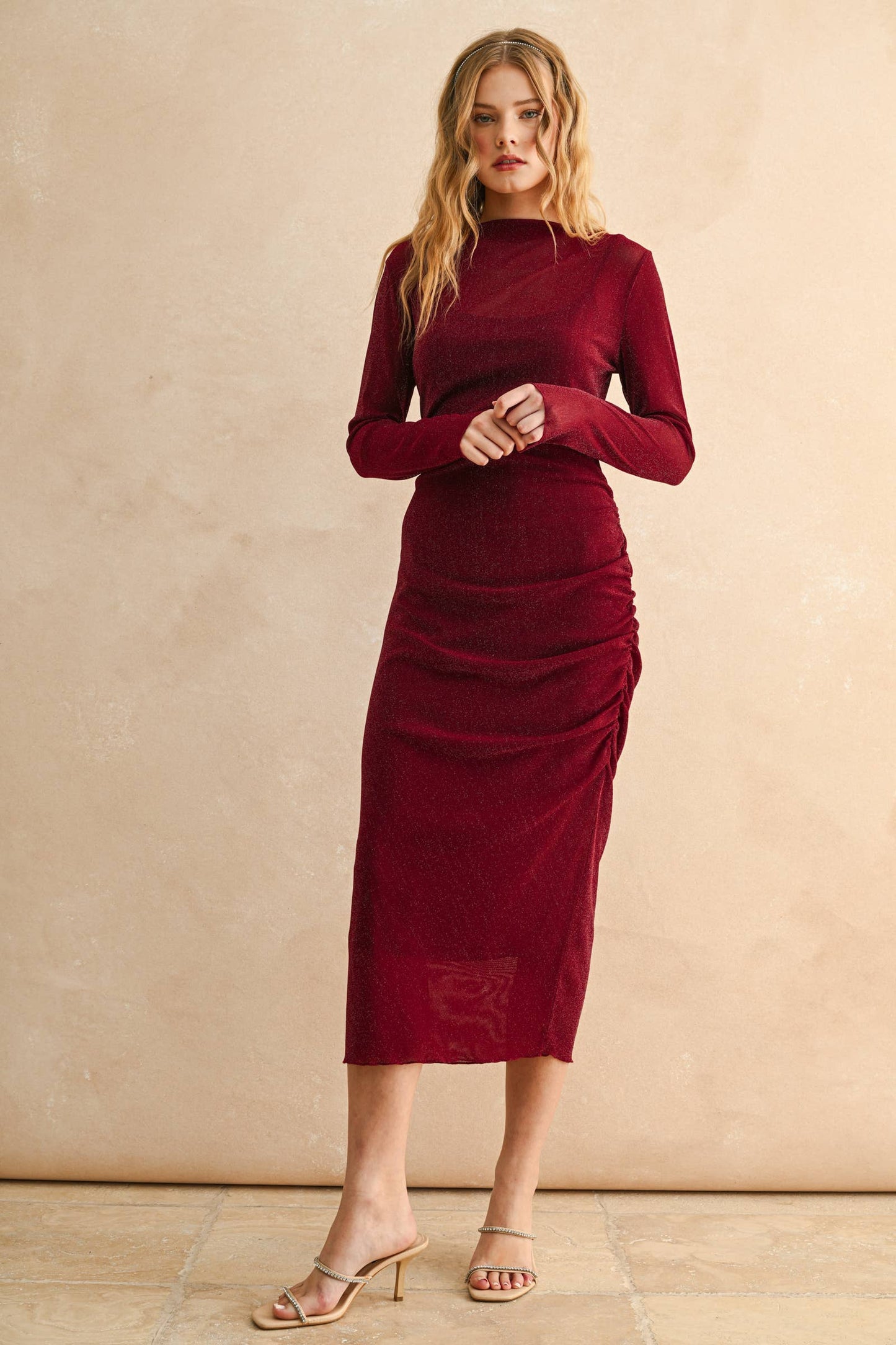 MESH DRAPED DRESS: ESPRESSO