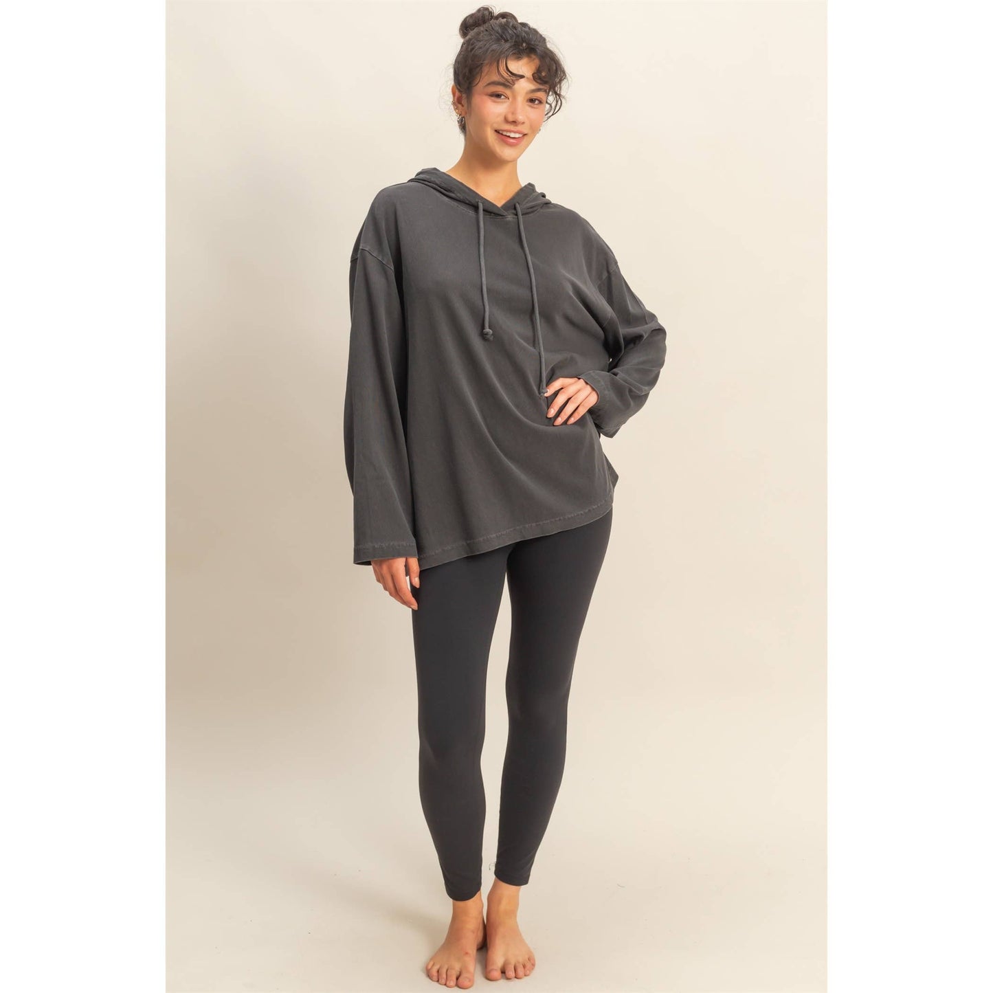 Oversized Hooded Long-Sleeve Top: BLACK