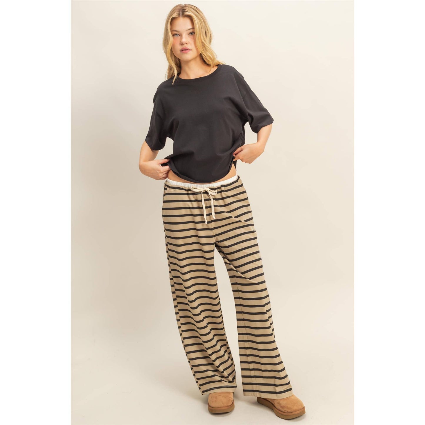 Striped Knit Drawstring Lounge Pants: TAUPE/ BLACK