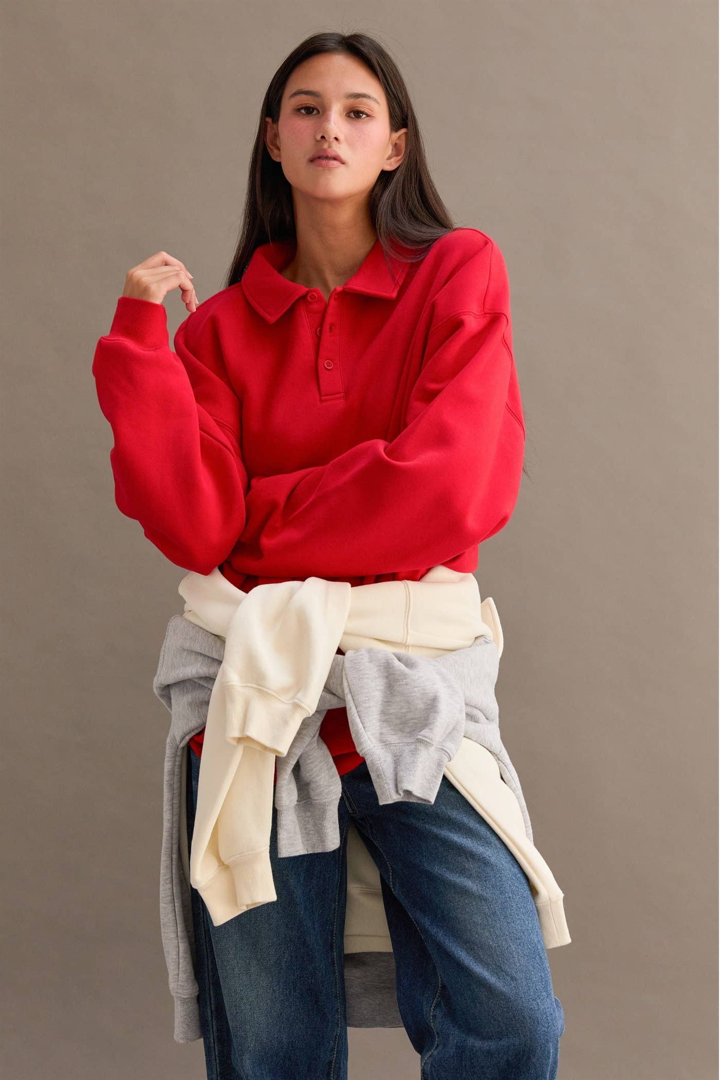 Oversized Polo Collared Pullover: RED