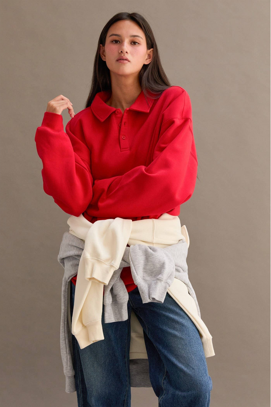 Oversized Polo Collared Pullover: RED