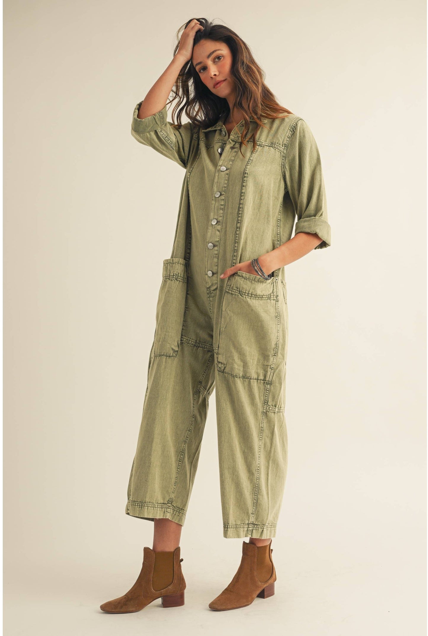 Washed Vintage Relaxed Button Jumpsuit: OLIVE GARDEN