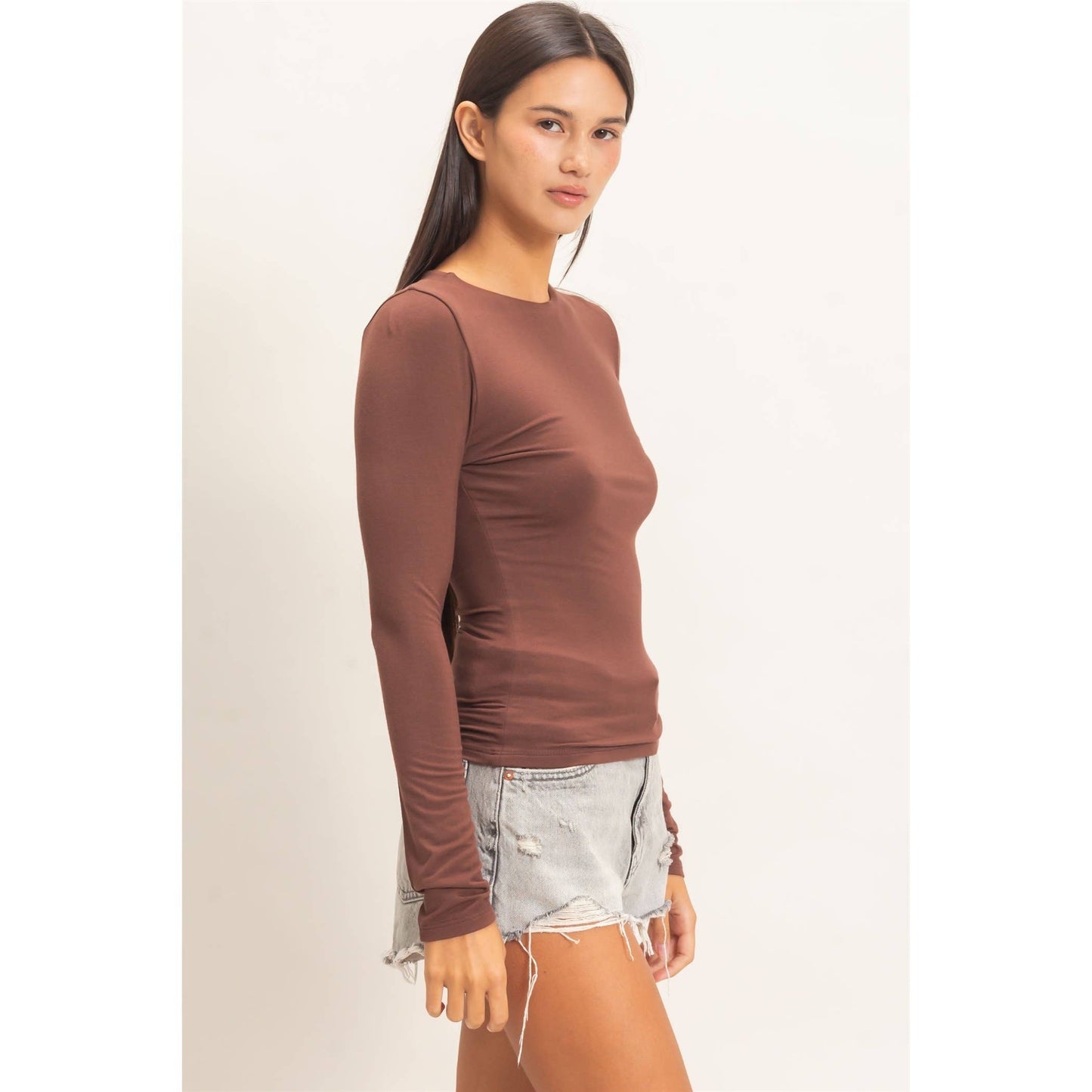 Crew Neck Long Sleeve Top: DARK BROWN