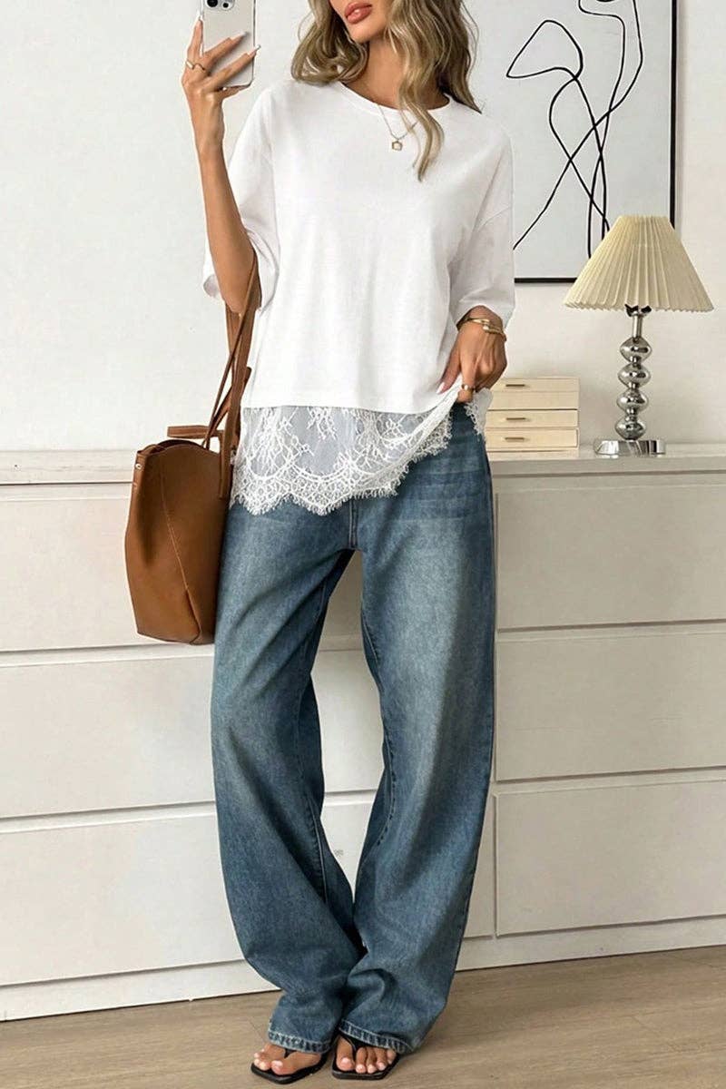 Elegant Lace Trim T-Shirt: WHITE