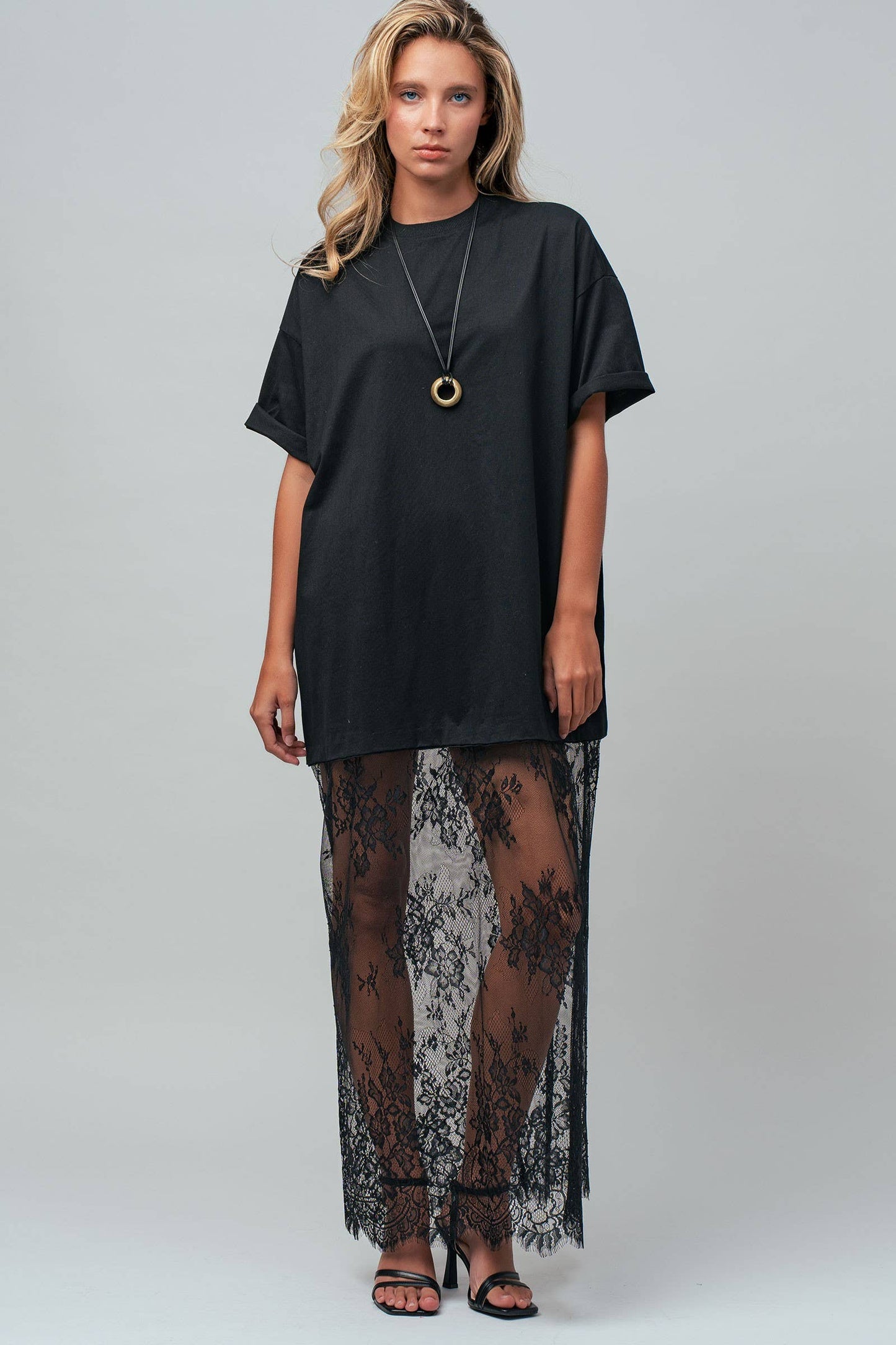 Mixed-Media T-Shirt Dress with Sheer Lace Skirt: Black