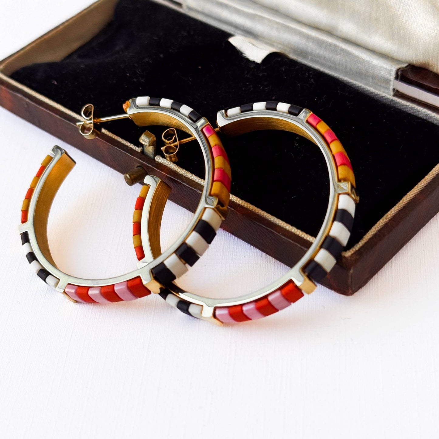 Big Bold Tila Bead Hoop Earrings Gold-Plated, Handmade- B+W
