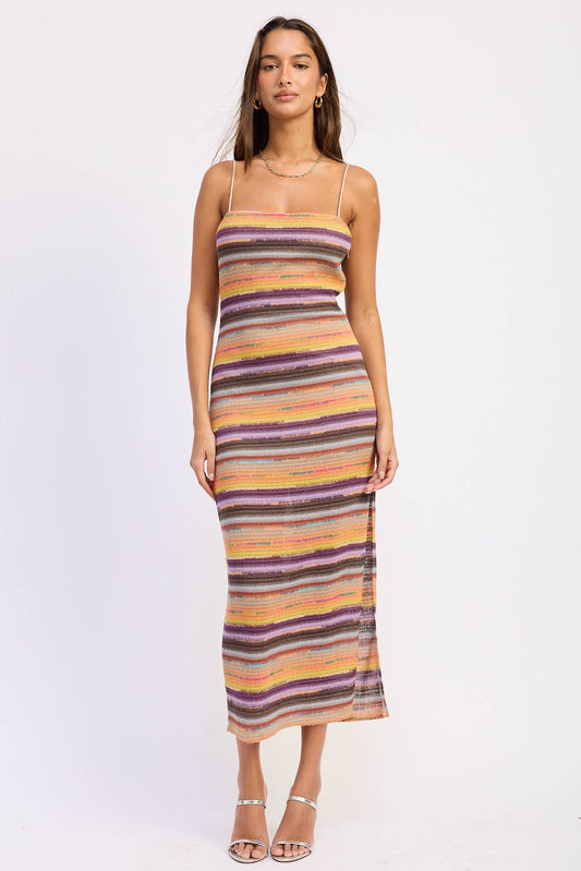 MULTI STRIPE MIDI DRESS: ORANGE MULTI