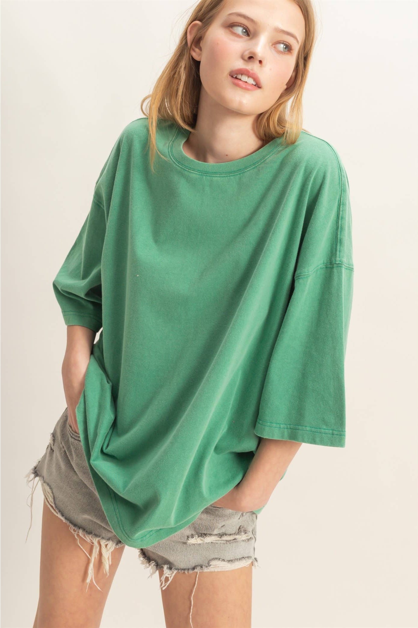 Washed Oversized Crew Neck Top: GREEN