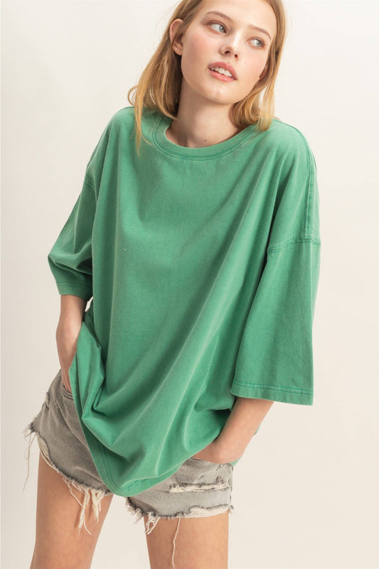 Washed Oversized Crew Neck Top: GREEN