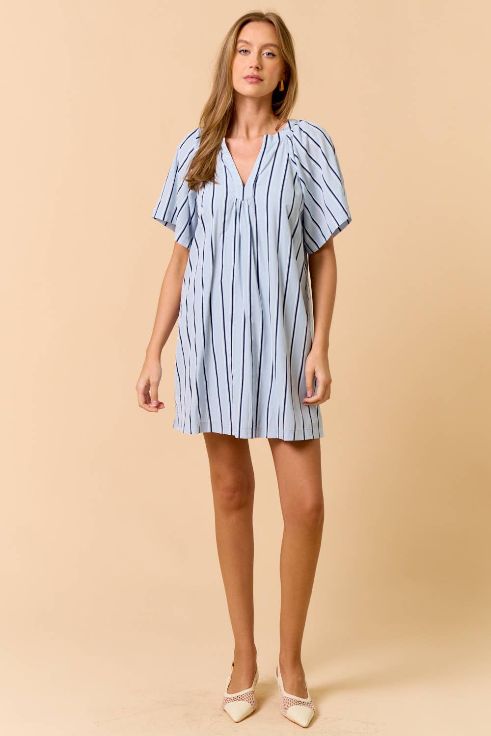 Striped Deep V-Neckline Mini Dress: LT BLUE