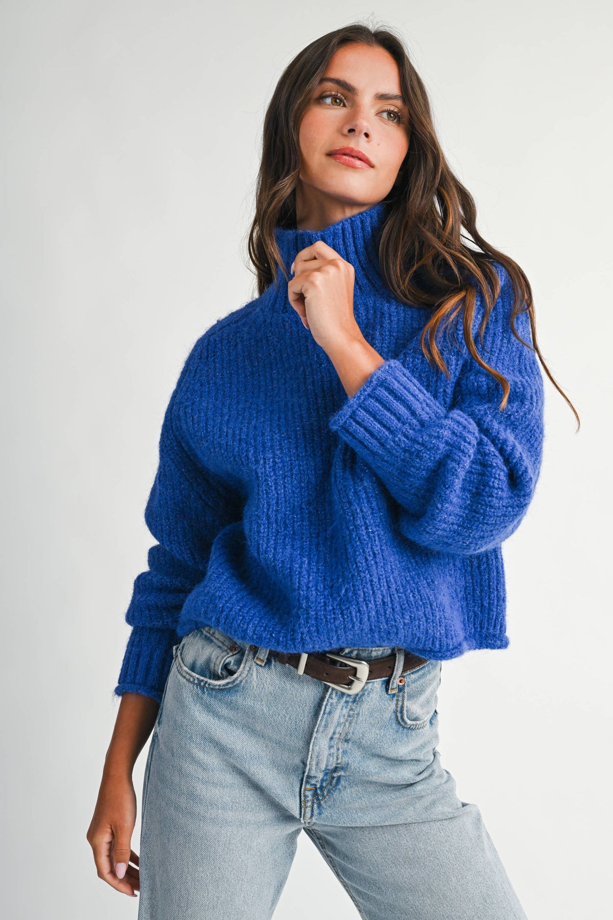 Soft Brushed Mock Neck Sweater: Cobalt