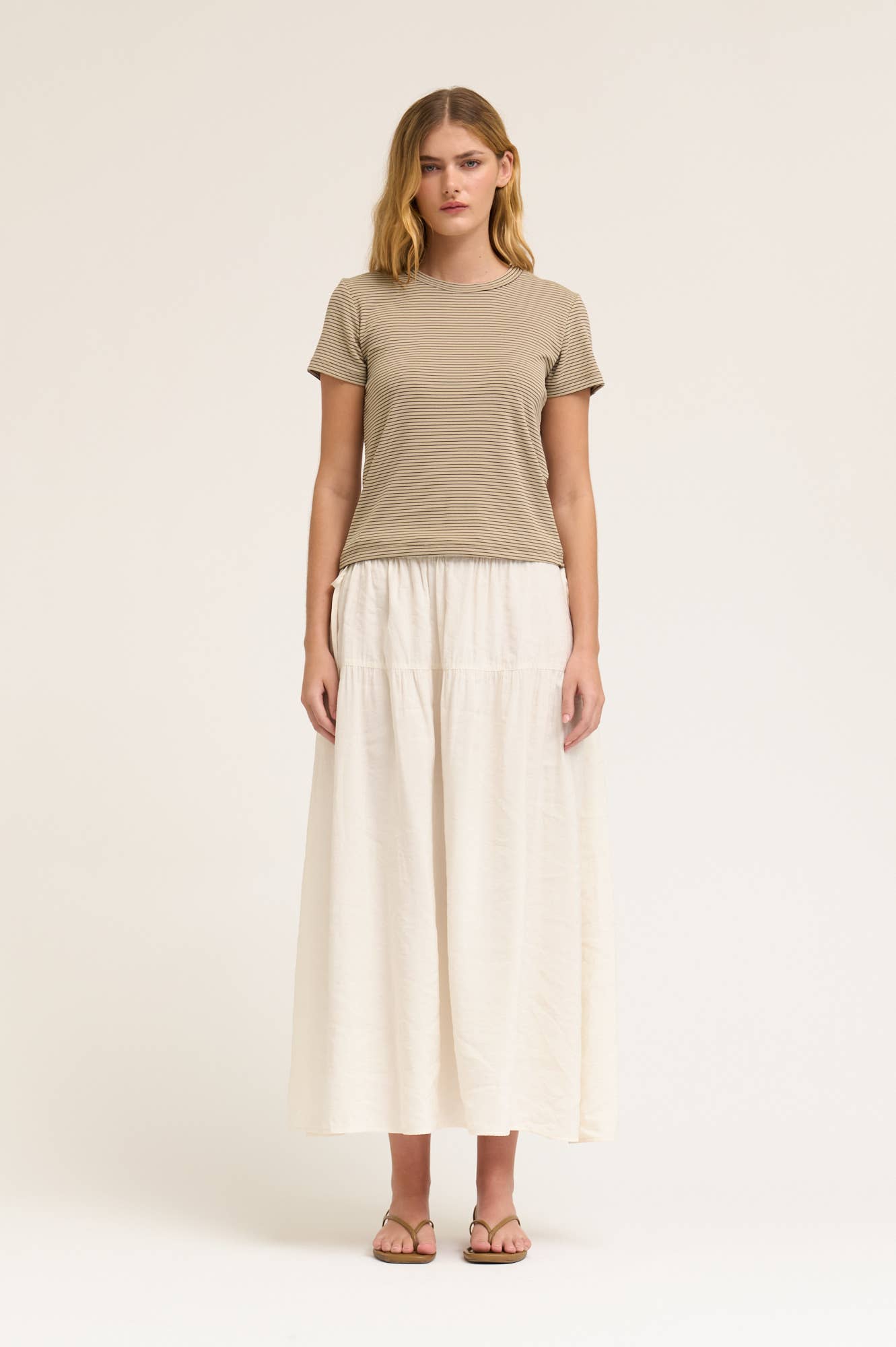 FIT STRIPE COTTON T SHIRT: TAN