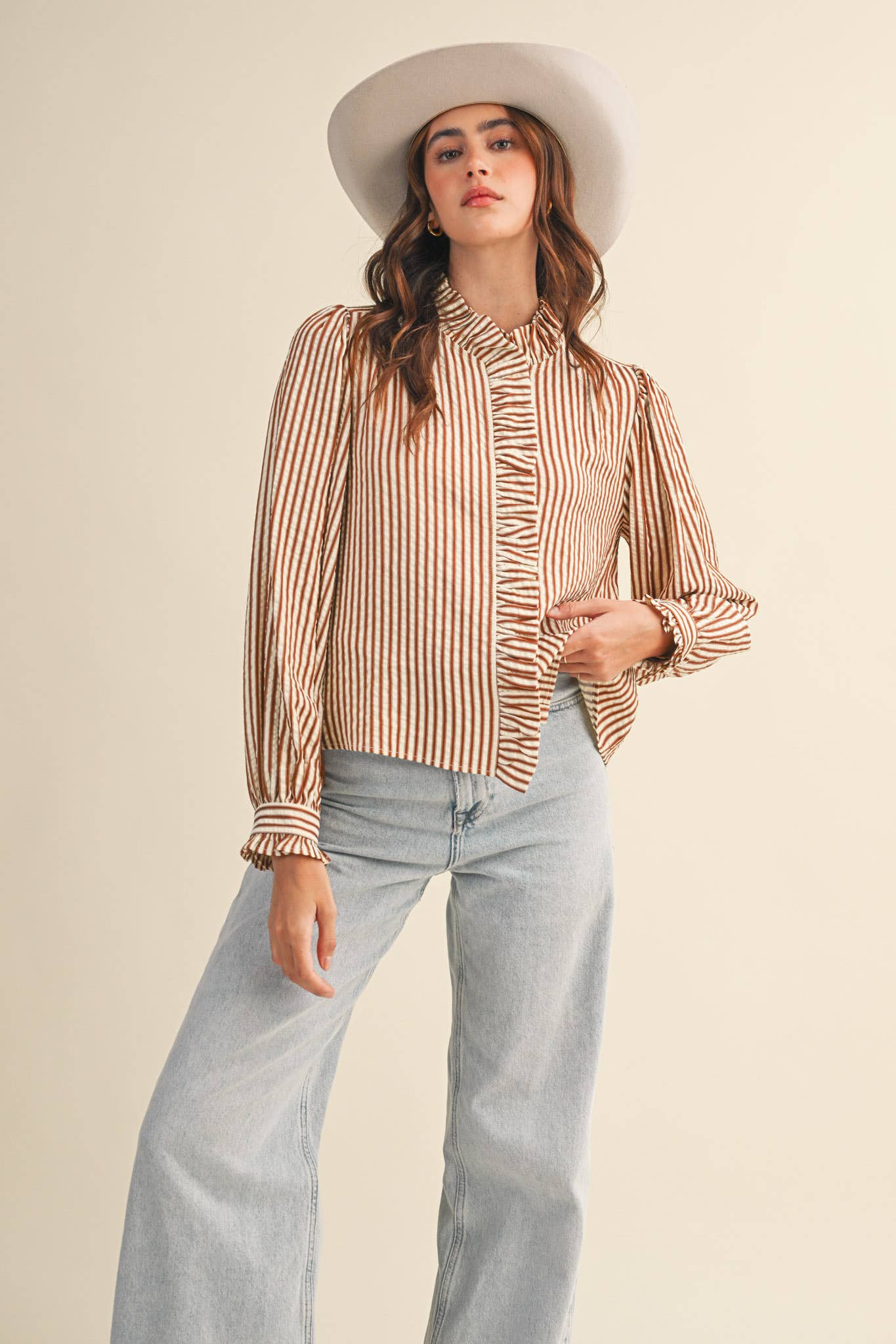 STRIPED RUFFLED BUTTON DOWN- brown
