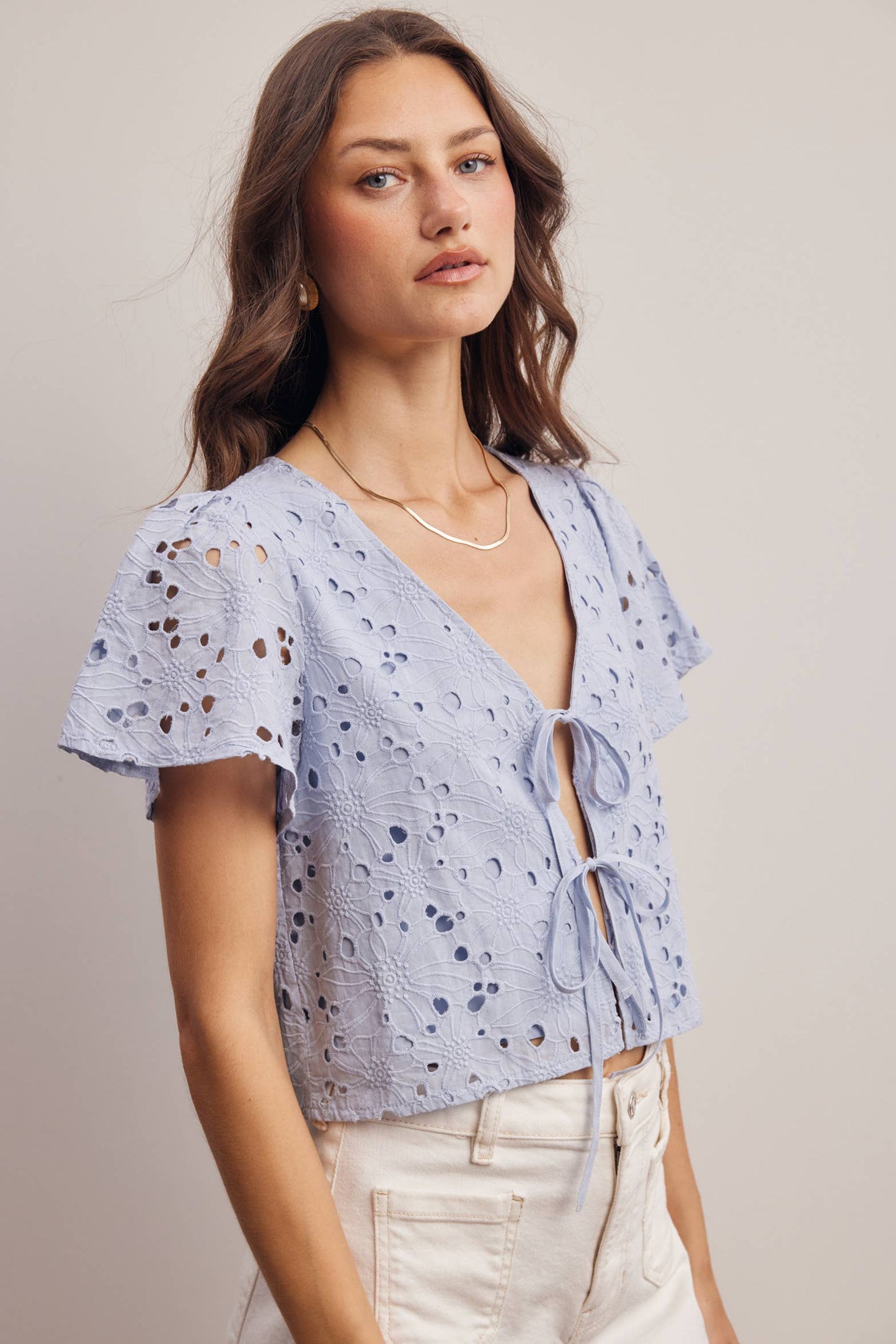 Eyelet Tie-Front Lined Cotton Top: Ivory