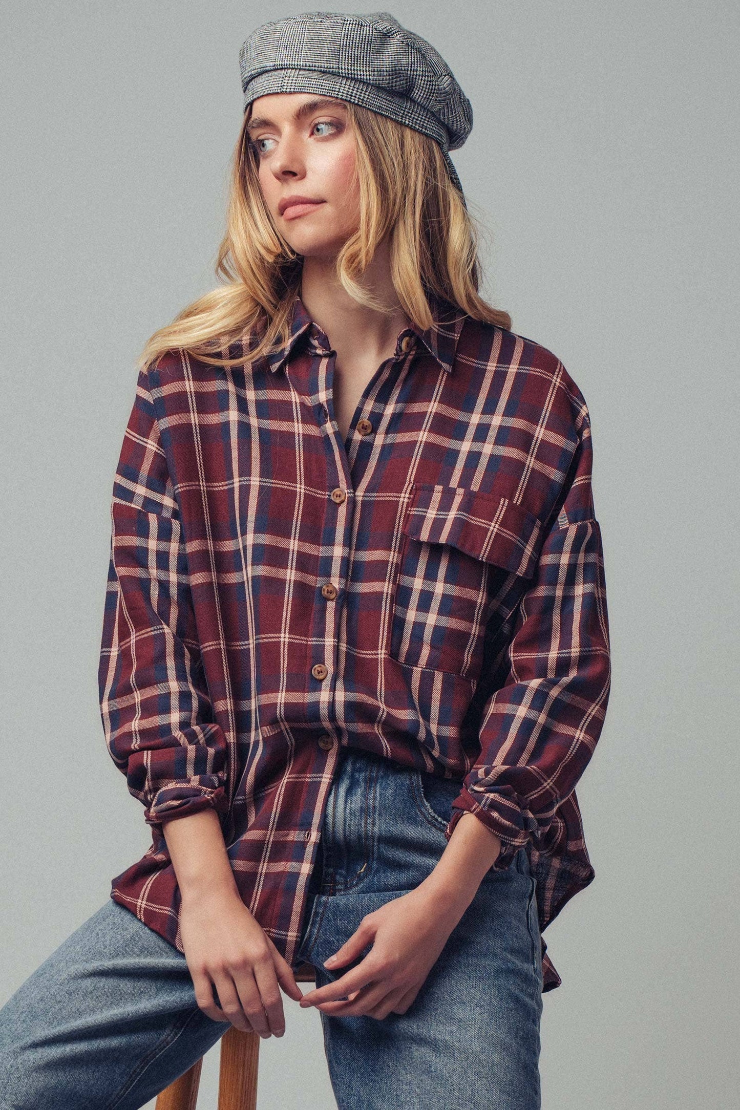 Classic Plaid Cotton Flannel Boyfriend Shirt: BURGUNDY MULTI