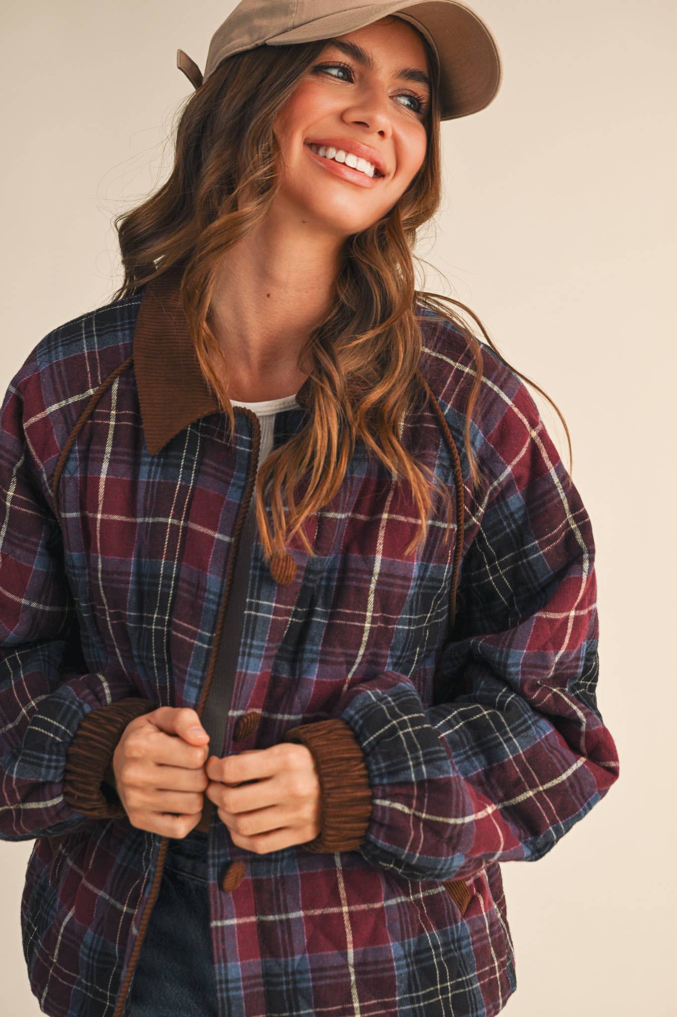 PLAID QUILTED JACKET WITH CONTRAST CORDUROY DETAIL: Mulberry Plaid