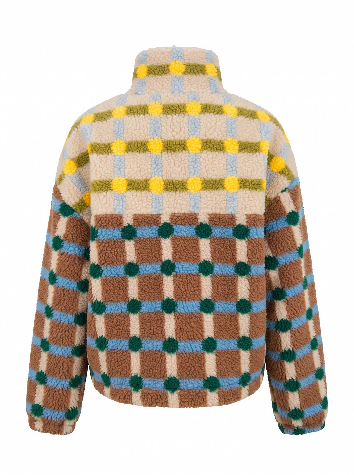 MIXED PLAID COLOR BLOCK SHERPA ZIP-UP JACKET: BROWN/CREAM