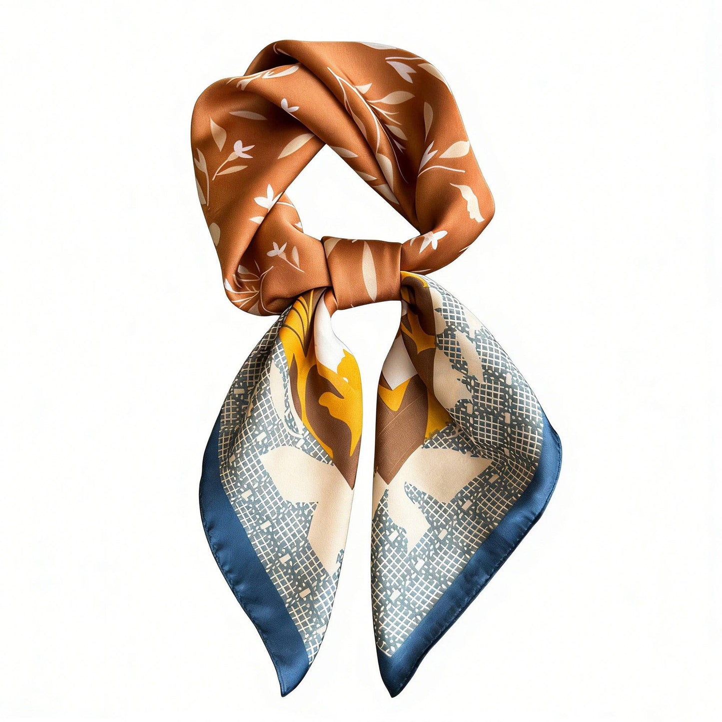 Satin Square Scarf with Botanical Print Soft Accessory: Brown