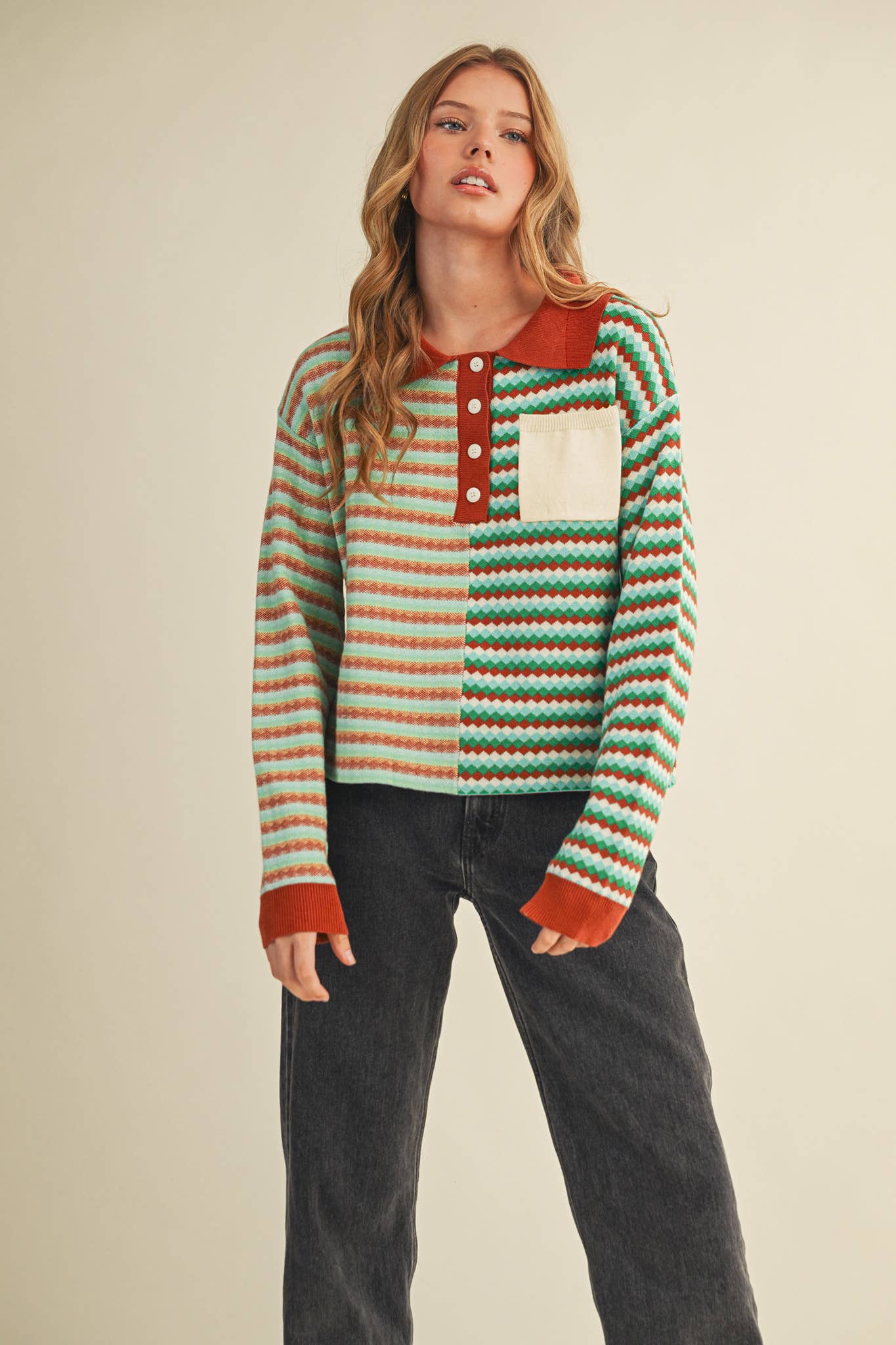 MULTI-COLOR STRIPED KNIT SWEATER: TEAL COPPER