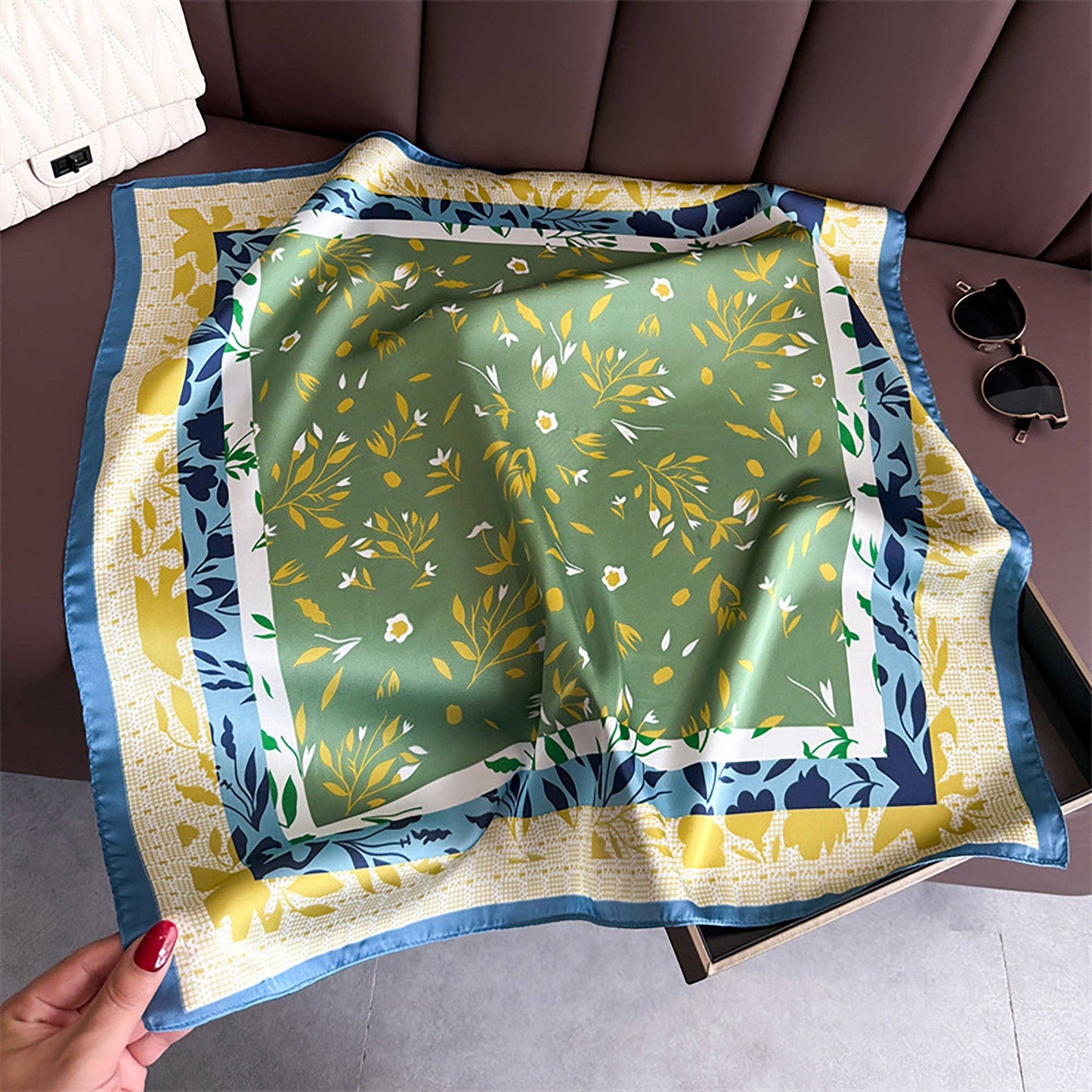 Satin Square Scarf with Botanical Print: Green