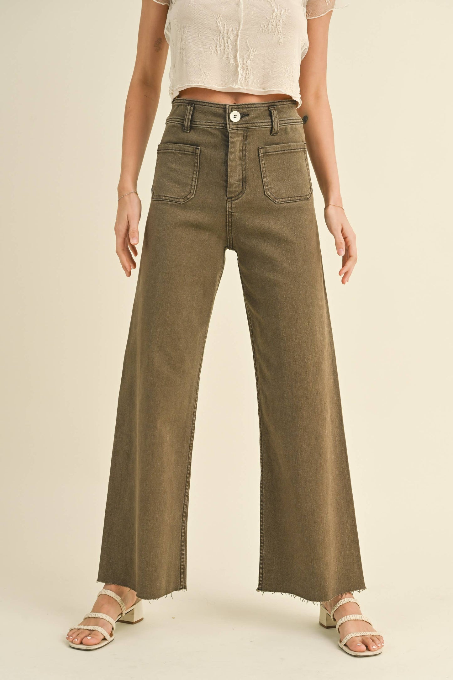 STRAIGHT WIDE LEG PANTS WITH FRONT POCKET: Washed Brown