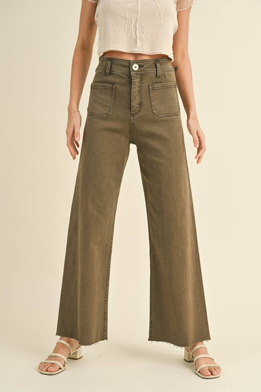 STRAIGHT WIDE LEG PANTS WITH FRONT POCKET: Washed Brown