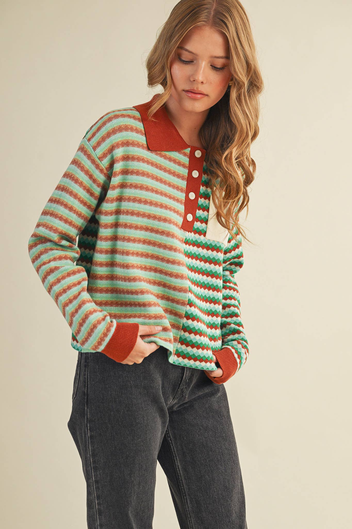 MULTI-COLOR STRIPED KNIT SWEATER: TEAL COPPER