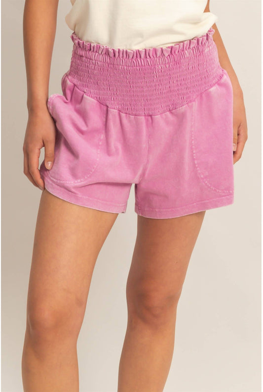 Smocked Waist Mineral Wash Shorts: FUCHSIA