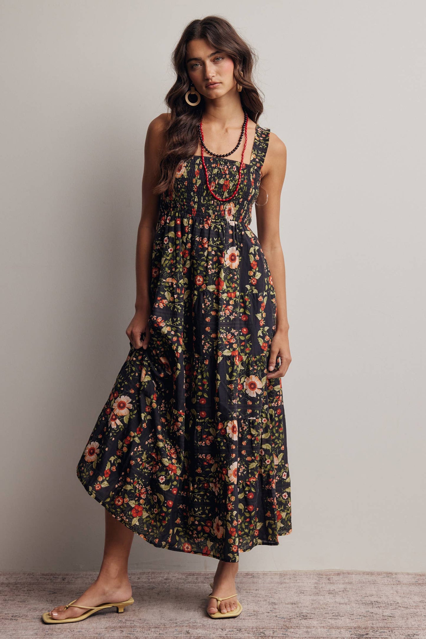 Floral Smocked Tiered Midi Dress: Black