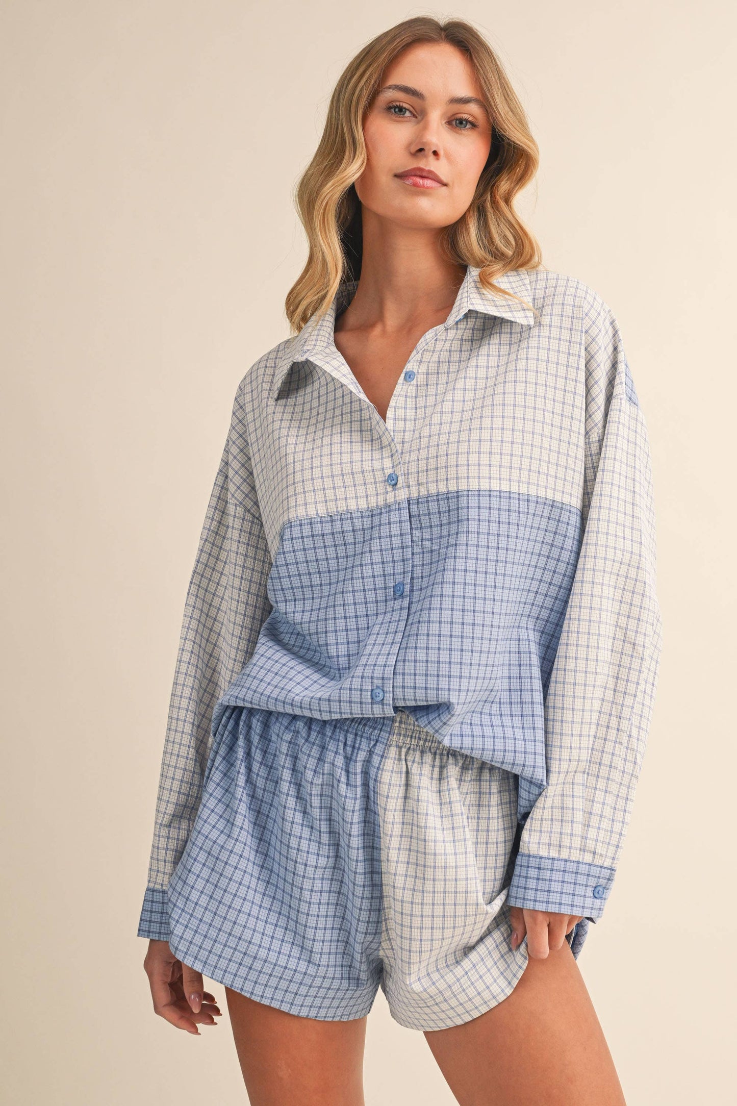 Long Sleeve Button Down Shirt and Short Set: Blue Multi