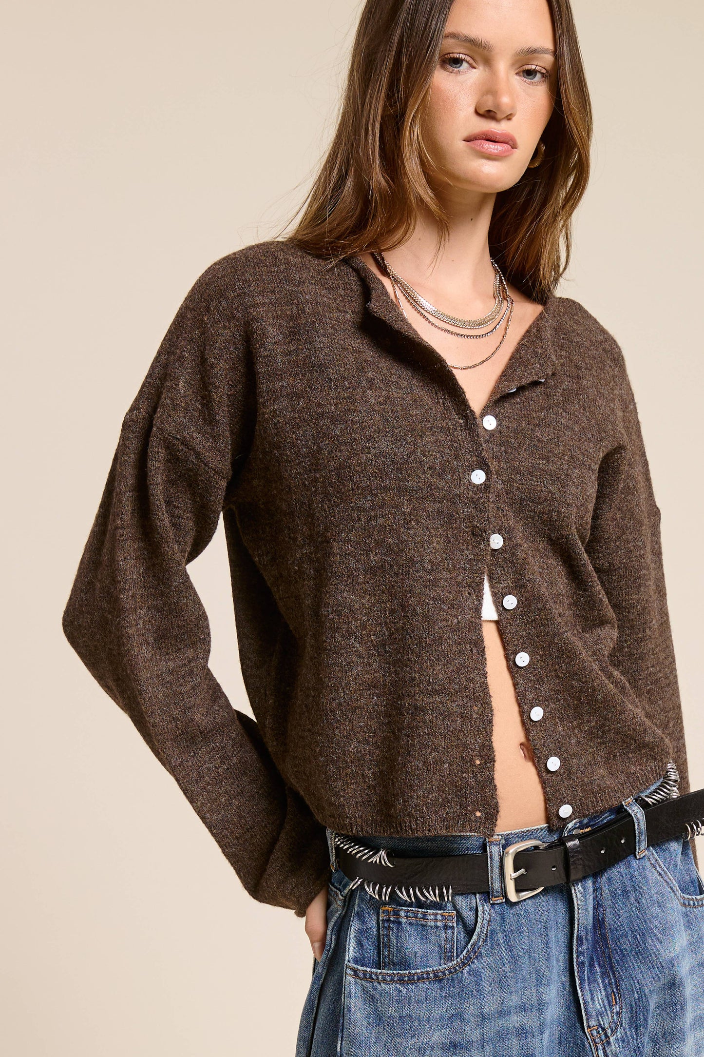 Button Down Cardigan Top: Chocolate