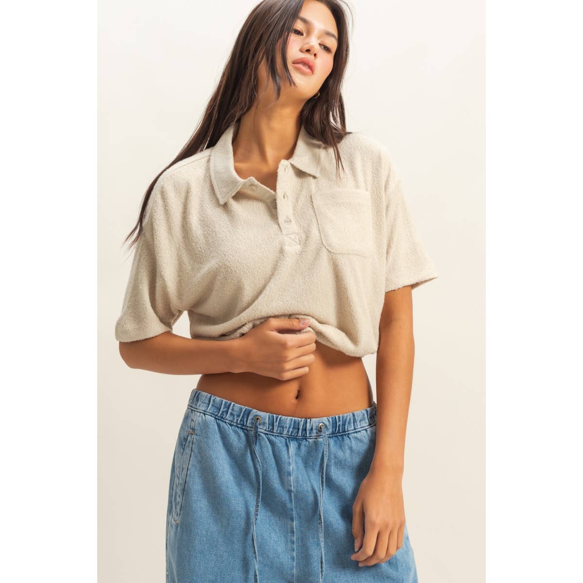 Collared Short Sleeve Crop Top: FRENCH VANILLA