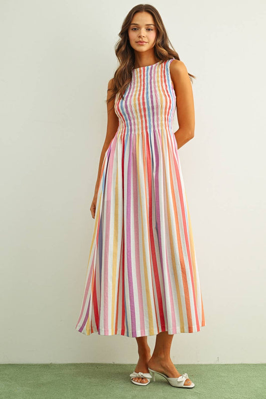 MULTI STRIPE PRINT S/L WITH SMOCKING DRESS: MULTI
