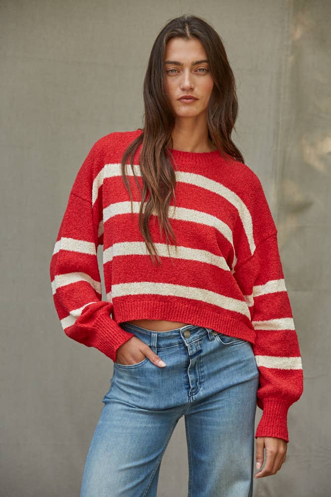 Knit Sweater Striped Crewneck Long Sleeve Top: Red Cream