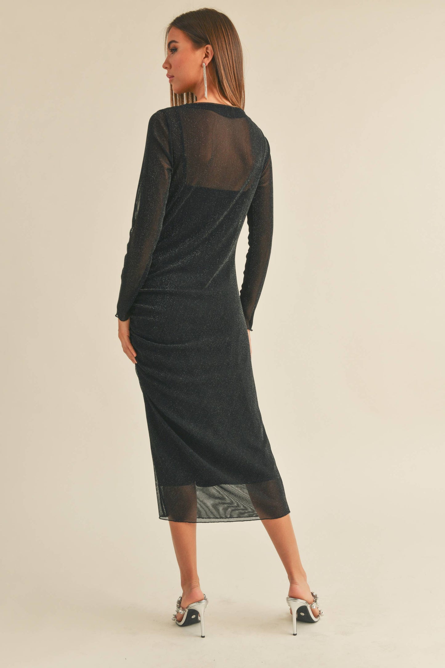 MESH DRAPED DRESS: ESPRESSO